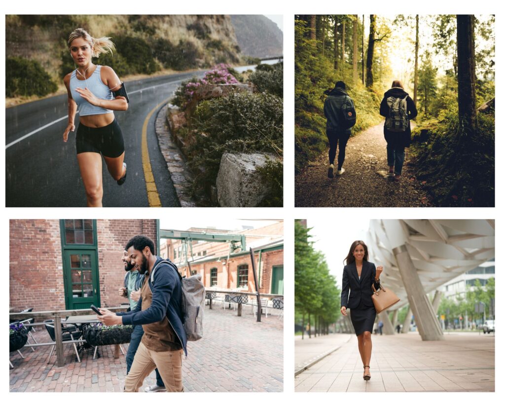 Image illustrant diverses activités de marche : course, footing, randonnée, ballade, shopping ou pendant travail prétexte utiliser l'application que je présente dans l'article qui rapporte de l'argent en marchant