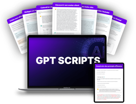 Ordinateur affichant le logo 'GPT SCRIPT' avec un éventail en arrière-plan montrant diverses fonctionnalités de GPT SCRIPT, notamment la rédaction d'emails de vente, la définition d'offres, la création de titres accrocheurs, la rédaction d'articles de blog, la stratégie de mots-clés, la création de scripts vidéo, et bien d'autres idées créatives.